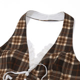 Yeknu  Women's Halterneck Plaid Print Crop Top V-neck Backless Lace Slim Tank Top with Bow Embellishment