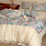 Yeknu  Vintage French Oil Painting Aesthetic 100% Long-staple Cotton Bedding Set – Princess Cotton Soft Sheets with Organza Lace Trim