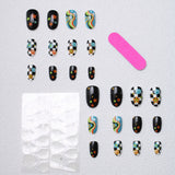 Yeknu  24pcs Almond Press On Nails Y2K Retro Checkerboard Fake Nail Face Flower Star False Nail Colorful Swirl Groovy Nail for Women