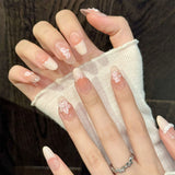 Yeknu  10Pcs French Oval False Nails 3D Handcarved Floral Design Handmade Press On Nails For Women Wearable Sweet Nude Pink Fake Nails