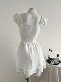 Yeknu  Elamini Vintage French Style Square Neck Waist Shaping Two-Tier Puff Dress