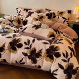 Yeknu  Thickened imitation rabbit hair carved milk fleece four-piece set winter coffee color warm fleece quilt set