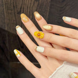Yeknu  10Pcs Short Oval Press On Nails With Orange Flower Design False Nails For Women Spring Summer Wearable Detachable Fake Nail Tips