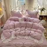 Yeknu  3/4Pcs Korean Style Princess Lace Ruffles Skin-friendly Soft Flowers Embroidery Bedding Set Duvet Cover Bed Sheet Pillowcases