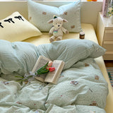 Yeknu Cartoon Bedding Set Ins Korean Towel Embroidery Bed Linen Flat Sheets Set 2 Pillowcases Twin Double Queen Size Duvet Cover Set