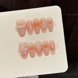 Yeknu  10Pcs French Oval False Nails 3D Handcarved Floral Design Handmade Press On Nails For Women Wearable Sweet Nude Pink Fake Nails
