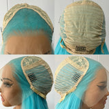 Yeknu  Long Blue Ombre Wig Silky Straight Synthetic Hair Pre Plucked Highlight Blue Gradient Colored 13X4 Lace Front Wigs for Women