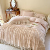Yeknu  Korean Style Soft Cotton 3D Rose Lace Bedding Set, King Queen Luxury Princess Duvet Cover Bed Skirt Bedspread,High end Home 4pcs