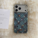 Yeknu  Blue Brown Diamond Plaid Grid Star Phone Case For iPhone 17 16 15 14 Pro Max 13 Case Luxury Silver Edge Protective Back Cover
