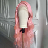 Yeknu  Light Pink Wig Long Wavy Synthetic Lace Front Wig Glueless Natural Body Wave Pink Colored Hair Lace Frontal Wigs for Women Party