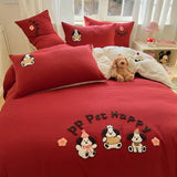 Yeknu Solid Colour embroidery Bedding Set For adults kids Ankela Red Red Flat Sheet With Pillowcases Colorful King Queen Full size