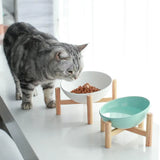 Yeknu  Ceramic Round Pet Bowls, Home Removable Cat Food Bowl With Frame 45° Tilted Design Wood Bottom Pets Drinking Feed Tableware, 1Pc