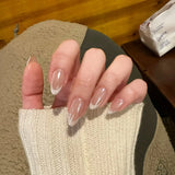 Yeknu  10pcs Hailey French Press on Nails Nude Cat Eye Nail Art White Gradient Sparkly False Nails Full Cover Daily Almond Fake Nails