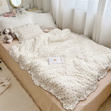 Yeknu INS Princess Ruffle Edge Gauze 100% Cotton Pillow Case Breathable Duvet Cover Without Filler 3PCS Floral Home Bedding Set
