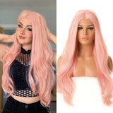 Yeknu  Long Pink Wavy Wig for Women Synthetic Middle Part Layered Natural Wave Curly Light Pink Heat Resistant Fiber Wigs for Party Use