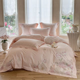 Yeknu  100% Cotton Pink Elegant Floral Embroidery Luxury Bedding Set Hidden zipper Duvet Cover Bed Sheet/Fitted Sheet Pillowcases 4Pcs
