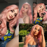 Yeknu  Long Pink Wavy Wig for Women Synthetic Middle Part Layered Natural Wave Curly Light Pink Heat Resistant Fiber Wigs for Party Use