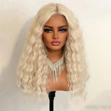 Yeknu  Platinum Blonde Deep Curly Wavy 13X4 Lace Front Wigs for Women Middle Part 60 Loose Curly Synthetic Hair Daily Party Cosplay