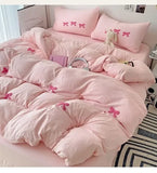Yeknu Girls Pink Bedding Set with Bow Korean Breathable Duvet Cover No Filler Flat Sheet Pillowcases Mix Color Comforter Cover Set