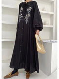 Yeknu  Vintage Embroidery Flower Long Dress Women Spring Summer Casual Loose Ladies Dresses Lantern Sleeve Woman Boho Dress