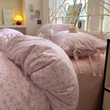 Yeknu  Small flower bow four piece set, soft and skin friendly cotton linen double bed duvet set, dormitory three piece set