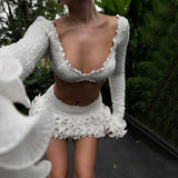 Yeknu  Women's Sexy Mini Skirt Two-piece Set Strappy Cardigan Top Ruffle Layered Mini Skirt White