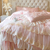Yeknu 4/6Pcs Pink Butterfly Jacquard Three-layer Lace Ruffles Princess Wedding Bedding Set Duvet Cover Bed Skirt Bedspread Pillowcases