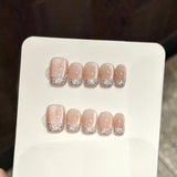 Yeknu  10pcs French Diamond Silk Handmade Press on Nails Cat's Eye Full Coverage Nail Tips for Women&Girl Removable Wearable Fake Nail