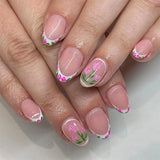 Yeknu  Short Glossy Oval Press-On Nails with French Glitter Tips Spring Flower Designs False Nail Tips for Women&Girls Manicure Look