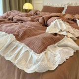 Yeknu  Korean-Style Red Plaid Washed Bedding Set - Vintage Lace Trim 4-Piece/3-Piece Dorm Sheet & Duvet Cover Set