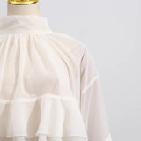 Yeknu  Solid Spliced Ruffles Loose Blouses For Women I Neck Long Sleeveless Temperament Minimalsit Shirts Female Fashion