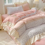 Yeknu  4pcs  Korean lace Duvet Cover Set (1*Duvet Cover + 2*Pillowcase, bed sheet), Pink checkered print Bedding Set