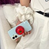 Yeknu 3D Polka Dot Cute Tomato Magnetic Grip Tok Phone Stand Holder Phone Case for IPhone 16 15 14 13 Pro Max Funny Magsafe Back Cover