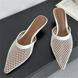 Yeknu  Summer Fashion Hollow Out Mesh Women Slippers Sandals Pointed Toe Thin Low Heels Slingback Mules Shoes