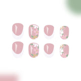 Yeknu  Short Glossy Oval Press-On Nails with French Glitter Tips Spring Flower Designs False Nail Tips for Women&Girls Manicure Look
