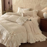 Yeknu  Vintage Rose Carved Velvet Lace Ruffles Bedding Set Double-sided Velvet Winter Duvet Cover Flat/Fitted Bed Sheet Pillowcase 4Pcs