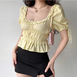 Yeknu  Deeptown Elegant Sexy Butter Yellow Tops Women Coquette Sweet Crop Tops Korean Fashion Lace Summer Slim Up Short Sleeve Tees