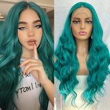 Yeknu  Long Green Body Wave Lace Front Wigs for Women Middle Part Blue Curly Wavy Syntehtic 13X4 Glueless Pre Plucked Cosplay Party Use