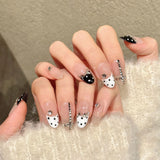 Yeknu  10Pcs Black Dot Press On Nails With Rhinestones Design Oval Head False Nails Sweet Cool Handmade Artificial Nail Tips