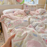 Yeknu  Floral Printed A-Class Ultra-Soft 100% Knitted Double Layer Yarn Bedding Set - 3/4 Pcs Student Dorm Fitted Sheet