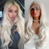 Yeknu  Long Curly Wavy Platinum Blonde Synthetic Hair Free Part Layered Natural Wave White Colored Heat Resistant Fiber Wigs for Women