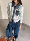 Yeknu  Knitted Autumn Winter Cardigan Women Denim Patchwork Fashion Ladies Cardigans Casual Loose Woman Sweater Coats