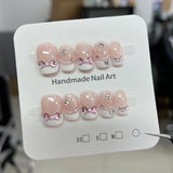 Yeknu 10Pcs Handmade Press On Nails Short Oval Glitter French Fake Nails Full Cover Pink 3D Bow Diamond  Design Wearable Nail Tips Art