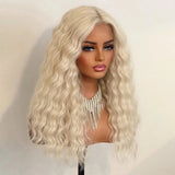 Yeknu  Platinum Blonde Deep Curly Wavy 13X4 Lace Front Wigs for Women Middle Part 60 Loose Curly Synthetic Hair Daily Party Cosplay