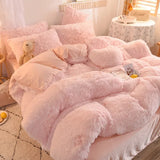 Yeknu  Winter Warm Long Plush Pink Bedding Set Queen Mink Velvet Double Duvet Cover Set with Fitted Sheet Warmth Quilt Covers