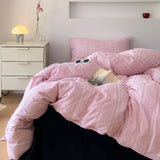 Yeknu  Ins Dopamine Korean Striped Washed Cotton Four-piece Bedding Set Cream Style Bed Sheet Quilt Cover Three-piece Set