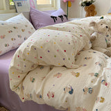 Yeknu Cartoon Bedding Set Ins Korean Towel Embroidery Bed Linen Flat Sheets Set 2 Pillowcases Twin Double Queen Size Duvet Cover Set