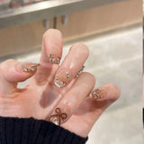 Yeknu  10pcs Press on Nails Daily Short Square Handmade Nail Art Nude French Pearl Bowknot False Nails Reusable Sweet Cute Fake Nails