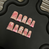 Yeknu  10pcs Handmade Pink French Fake Nails with 3D-carved Petals Design False Nails Wearable Sweet Korean Duckbilled Press on Nails