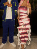 Yeknu  Women Halloween Shark Tale Lola Costume Dress Y2k Anime Side Split Ruffle Hem Maxi Dress Fish Strapless Tube Cosplay Maxi Dress